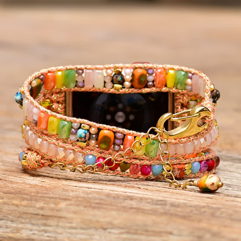 Ecusband Natural Pink Crystal Colourful Gemstones Apple Watch Strap Wrap Bracelet2