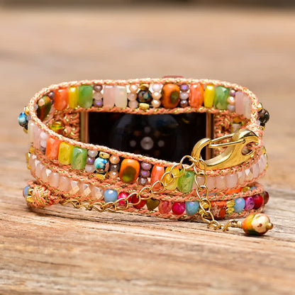 Ecusband Natural Pink Crystal Colourful Gemstones Apple Watch Strap Wrap Bracelet2