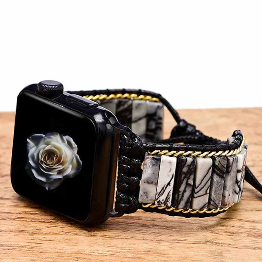 Ecusband Black Jasper Beaded Apple Watch Strap Wrap Bracelet1