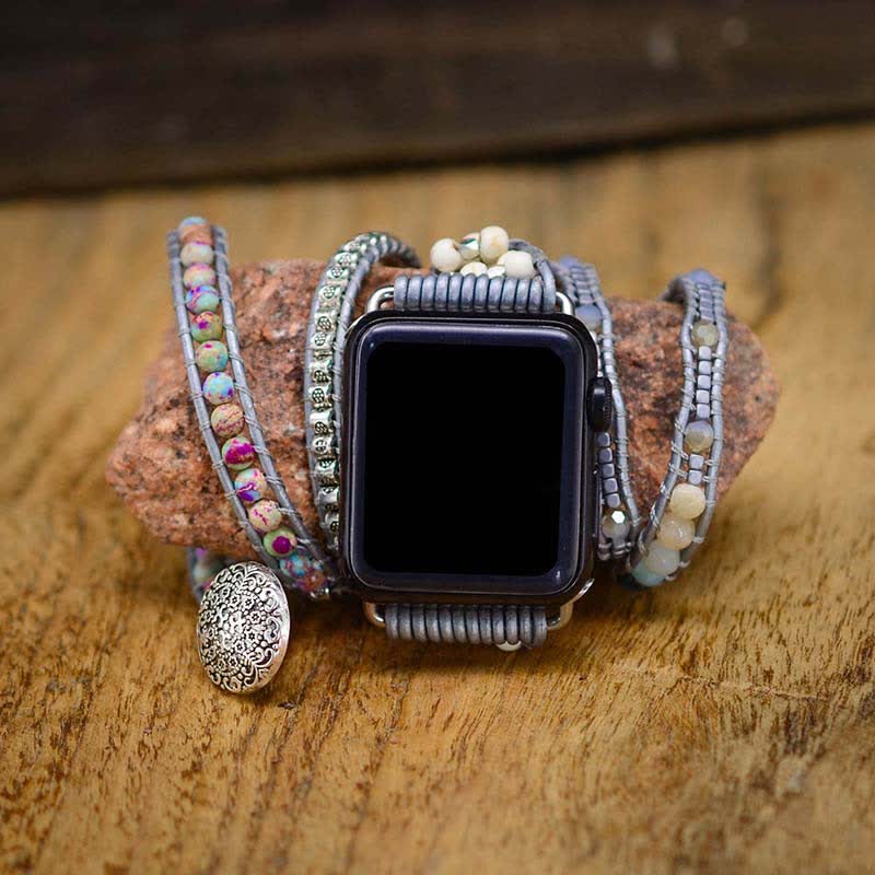 Ecusband Natural Picture Jasper & Amazonite Apple Watch Strap Wrap Bracelet1