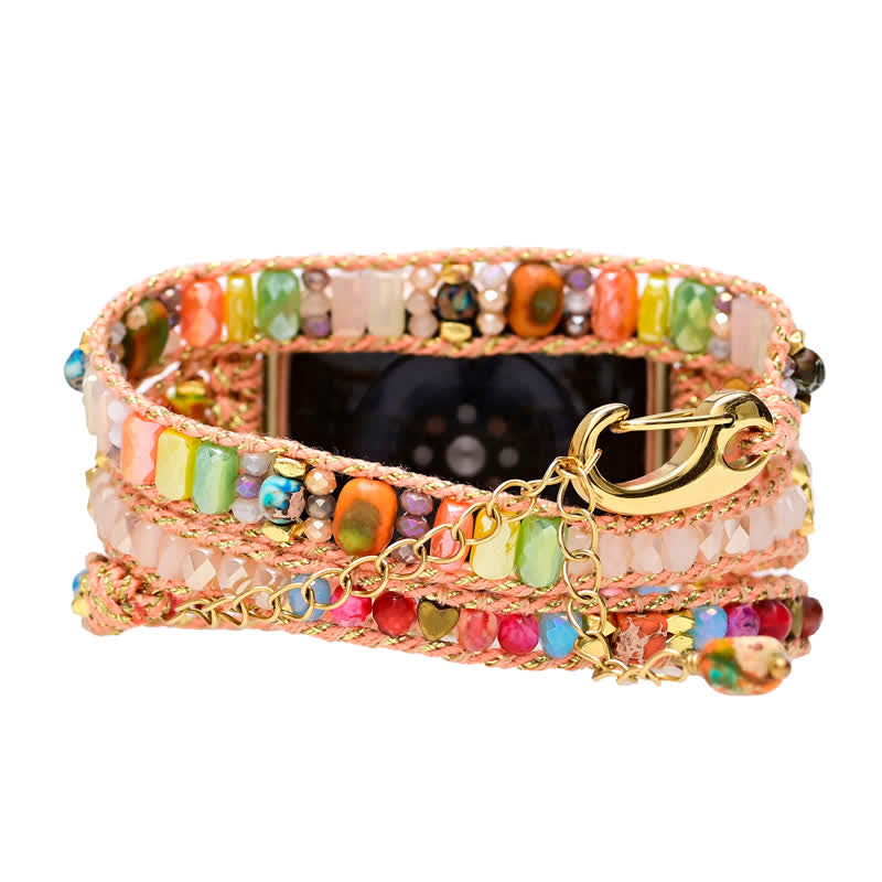Ecusband Natural Pink Crystal Colourful Gemstones Apple Watch Strap Wrap Bracelet4