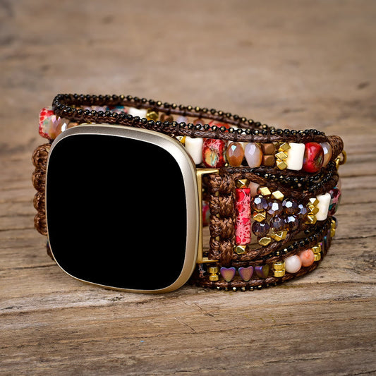 Ecusband 3Layer Red Stone Beaded Handwoven Fitbit Watch Strap1