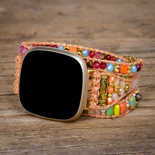 Ecusband Orange Crystal Beaded Handwoven Fitbit Watch Strap1