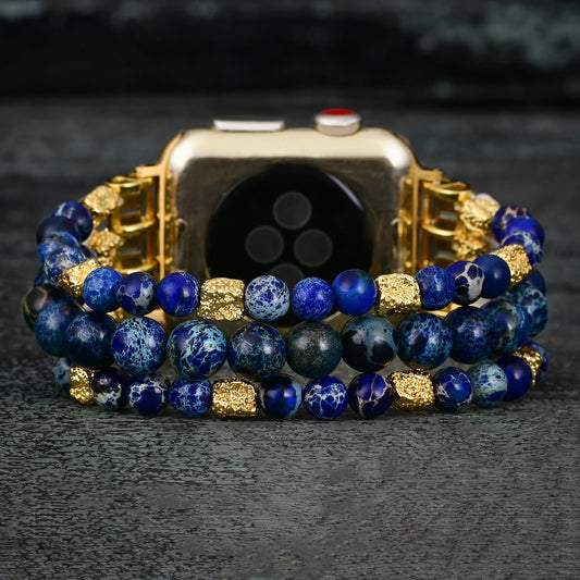 Ecusband Blue Emperor Stone Beaded Elastic Cord Apple Watch Strap1