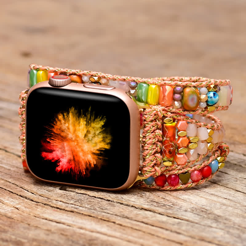 Ecusband Natural Pink Crystal Colourful Gemstones Apple Watch Strap Wrap Bracelet1